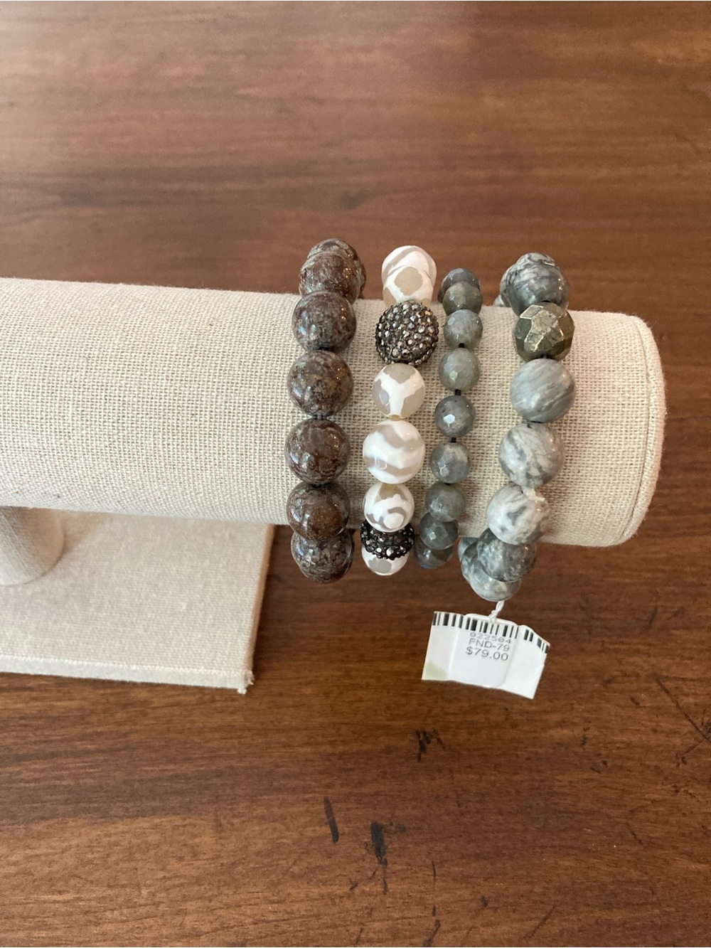 Set of 4 Neutral Beaded use I precious stone Bracelet Set in Brown, Gray & Cream